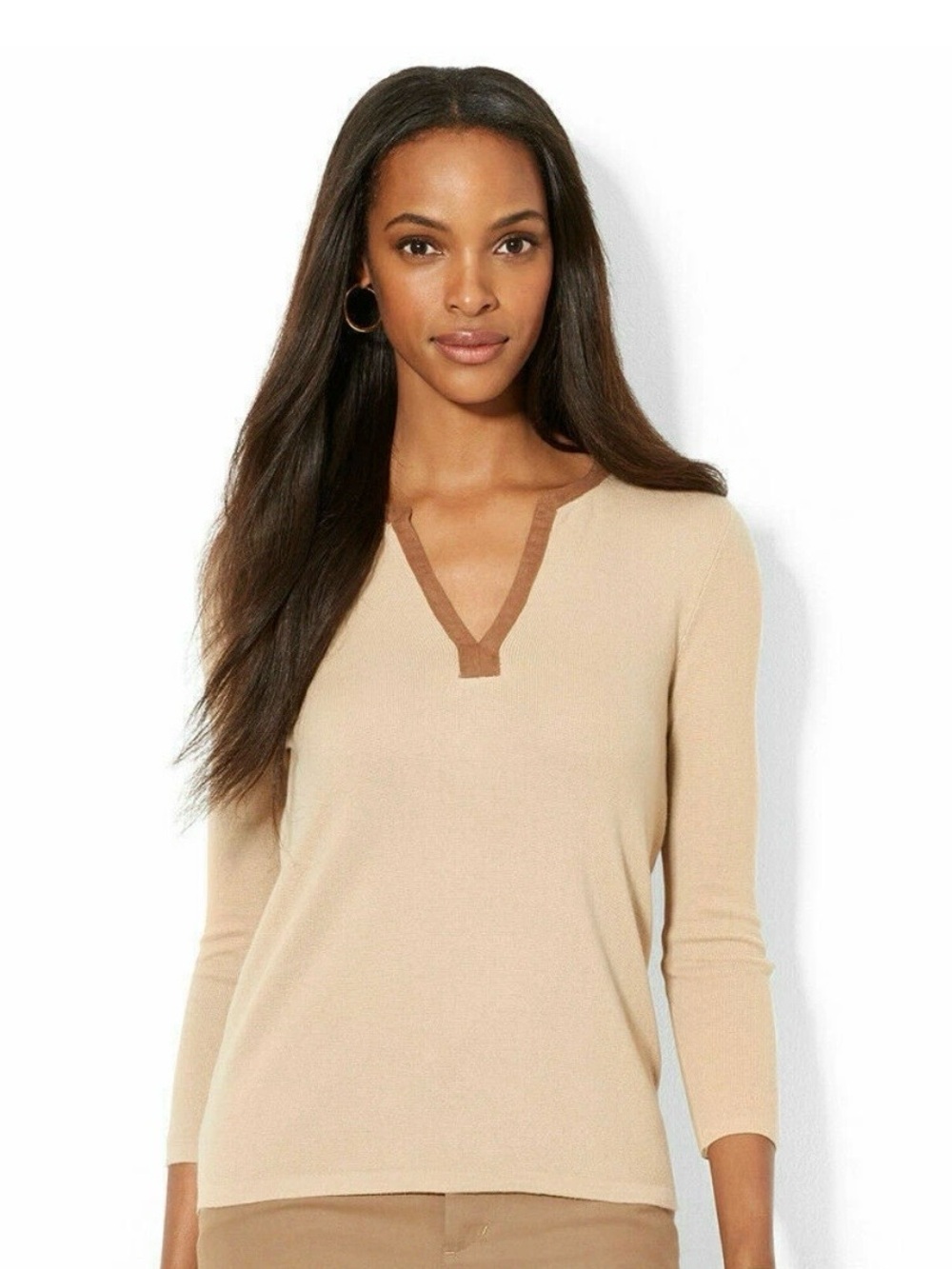Ralph Lauren Beige Long-Sleeve V-Notch Top with Tan SuedeTrim, size L. Euc.